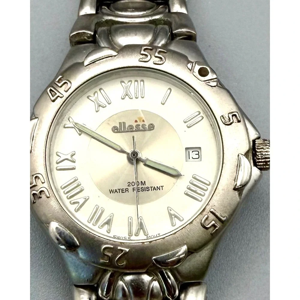 Vintage Ellesse Swiss Quartz Watch 200M Silver Tone Date Bracelet